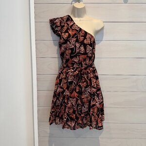 Karina Grimaldi One Shoulder Cotton Dress Small Black & Rust Print Ruffle Sleeve